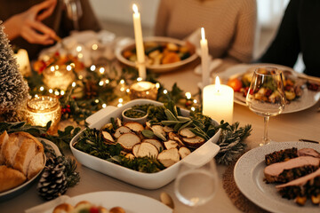 A cheerful holiday family dinner, with a beautifully set table, festive candles, and delicious dishes ready to be enjoyed.