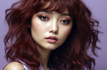 Fototapeta premium Beautiful confident photo model showcases vibrant makeup against a pastel color background in a studio setting, people and skincare, fashion theme concept. 
