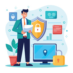 Businessman Protects Data Security with Shield and Laptop Illustration. Cyber Security Isometric Concept Vector