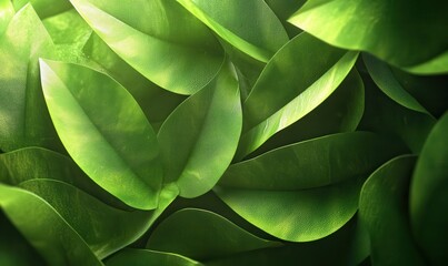 Artistic composition of vibrant green tropical leaves layered dynamically, illuminated by soft natural light for a refreshing and bold design