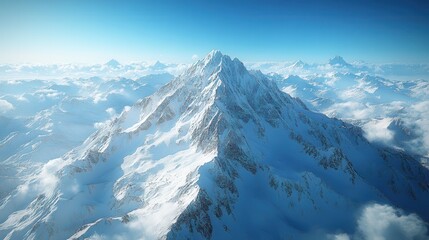 Snowy Mountain Range with Bright Sun and Blue Sky