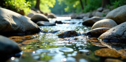 crystal clear stream flowing over smooth rocks and pebbles, rocks, river