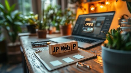 Wooden Blocks Displaying "JP Web P" on a Designer Desk