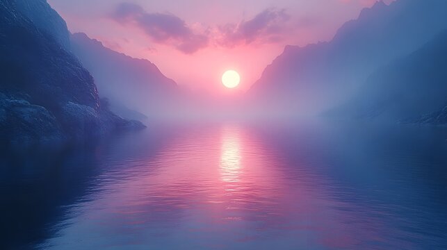 Dusk Settles Over a Remote Mountain Lake Mirrored Surface Reflecting Fading Coral and Indigo Sky