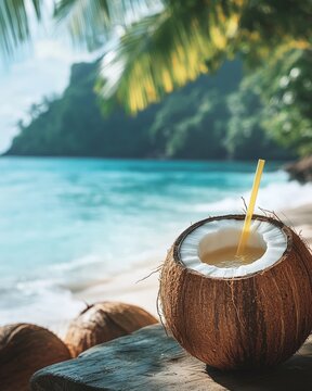 Tropical coconut drink on a beach; refreshing summer cocktail in a coconut shell with straw, ocean background.