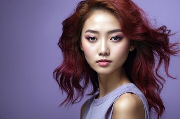 Fototapeta premium Beautiful confident photo model showcases vibrant makeup against a pastel color background in a studio setting, people and skincare, fashion theme concept. 
