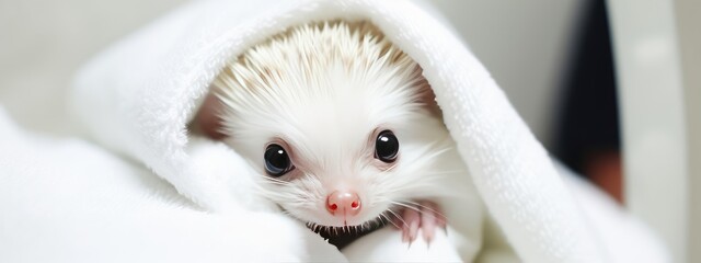 Obraz na płótnie Canvas Adorable hedgehog peeking out from white blanket. Cute pet portrait of spiny mammal. Animal care and exotic pets concept. Soft and cozy home environment.