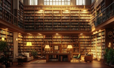 Peaceful library interior with tall bookshelves, warm ambient lighting, and a quiet reading atmosphere perfect for stud