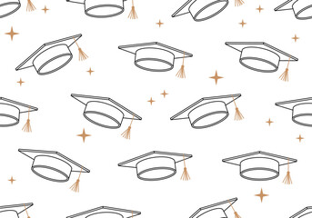Seamless pattern for University, college school education vector background. Seamless pattern with graduated hat. Seamless vector pattern featuring graduation caps with gold tassels