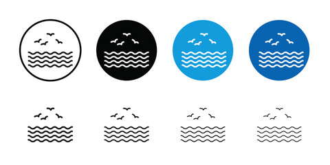 Sea with seagull icon Thin line flat illustration