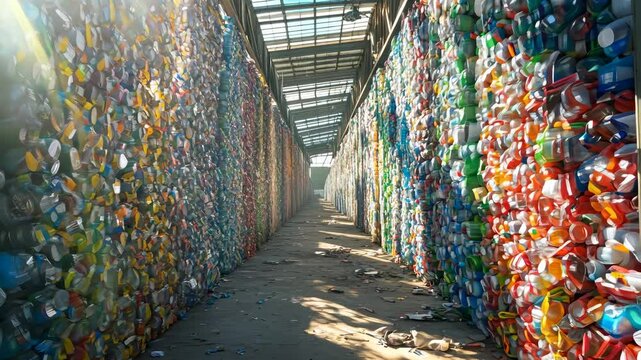 Recycling facility: sunlit pathway between stacked plastic bottles