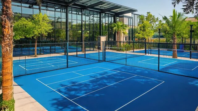 Panoramic view of modern blue paddle tennis court in green urban setting