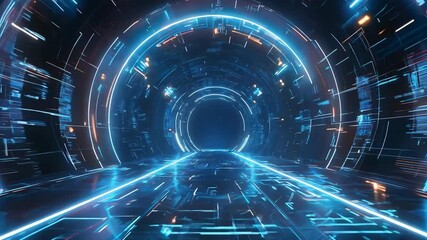 Futuristic neon tunnel with dynamic lights and endless digital motion