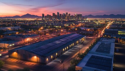 Fototapeta premium Aerial view of the Phoenix skyline at night, with buildings illuminated and streets lit up by streetlights In front is an empty warehouse on ground level with solar panels Generative AI