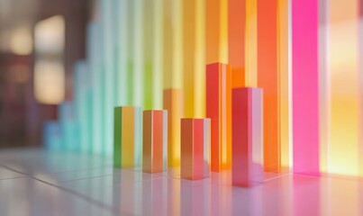 Obraz premium Colorful bar chart rising from a smooth white surface, illuminated by soft natural light to represent growth and analytics