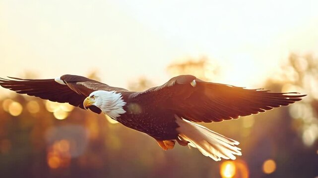 Majestic eagle soaring through sunlit sky at golden hour