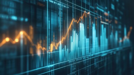 Abstract financial data visualization with glowing graphs and charts illustrating market trends