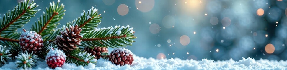 Snow-dusted spruce branches with frosted pinecones and sparkling snowflakes, sparkle, festive