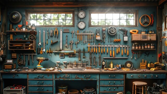 Well-organized workshop with tools and supplies on shelves and workbench. Sunlight streams through windows. - Powered by Adobe