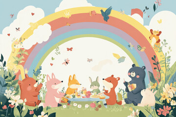 Naklejka premium A playful and imaginative illustration of a group of colorful animals, such as bears, bunnies, and foxes, having a fun picnic under a large rainbow.
