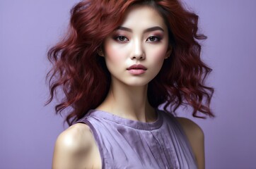 Fototapeta premium Beautiful confident photo model showcases vibrant makeup against a pastel color background in a studio setting, people and skincare, fashion theme concept. 
