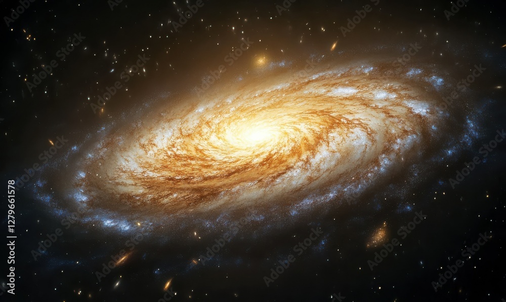 Wall mural cosmic spiral galaxy swirling in deep black and golden tones, illuminated by subtle starlight creati