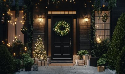 Fototapeta premium Elegant front porch decorated for the holidays with a black door, wreath, and greenery