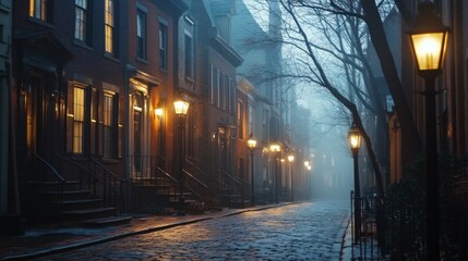 Foggy night street lined with old townhouses