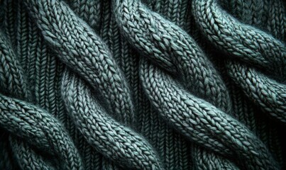 Close-up of green cable knit fabric, highlighting texture and creating a cozy, warm feeling, perfect for winter apparel and home decor
