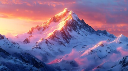Majestic Amber Cliffs and Snow Capped Mountain Peaks at Enchanting Sunrise