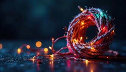 Twisted string lights tangled in a festive wreath, colorful strings, knotted, branches