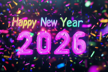 A digital Happy New Year 2026 sign glowing in neon colors, surrounded by confetti and celebration.