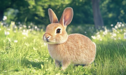 Fototapeta premium Cute brown rabbit standing in a green meadow under bright sunlight. Crisp fur details and vibrant natural tones highlight its charm,