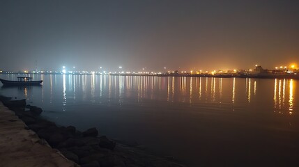 Obraz premium Night harbor city lights reflected in water. Possible stock photo use Cityscape at night