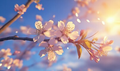 Delicate cherry blossoms blooming against a bright blue sky, soft natural light emphasizing their intricate petals and vibrant spring tones