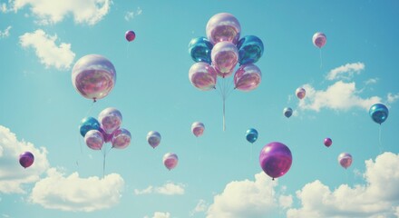 Floating Dreams: A whimsical image of multiple colorful balloons drifting serenely against a backdrop of a bright, azure sky dotted with fluffy clouds. 