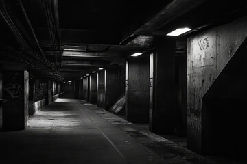 A raw brutalist train station with cold, industrial materials, dark tunnels, and flickering artificial lights casting eerie shadows.