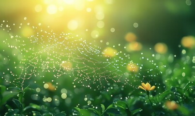 Delicate spiderweb with dewdrops glistening in morning sunlight, soft blurred green background adding a dreamy and tranquil nature vibe
