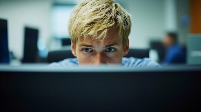 Drained office worker staring a computer screen visibly tired after long work hours