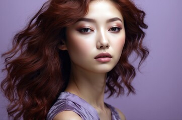 Naklejka premium Beautiful confident photo model showcases vibrant makeup against a pastel color background in a studio setting, people and skincare, fashion theme concept. 
