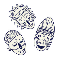 Tribal Masks and Geometric Patterns  African Inspired Ritualistic Art with Stylized Sun Motif and Bold Outlines