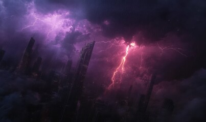 Dramatic city skyline during a thunderstorm, with intense lightning bolts illuminating the dark sky. Bold tones evoke power and drama,