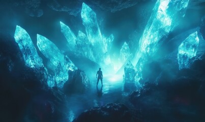 Diver illuminated by glowing underwater crystals in a vast submerged cavern, faint beams of light filtering through the water, mystical aquatic ambiance