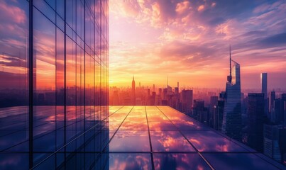 Dramatic city skyline reflected in a modern glass building at sunset, rich orange and purple hues blending beautifully into the horizon,