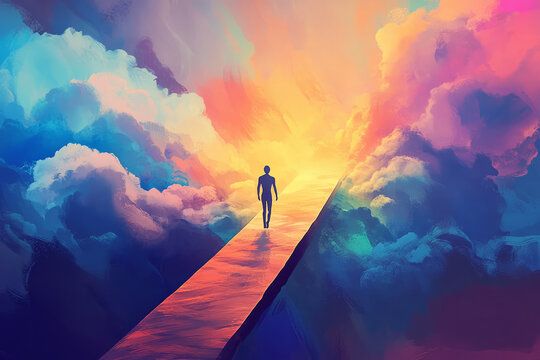 A vibrant illustration of a figure crossing a bridge that glowing with light, with clouds parting above them, symbolizing overcoming obstacles and embracing new opportunities.