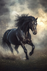 A powerful black stallion galloping through a misty field at dawn, its mane and tail flowing wildly in the wind. The dynamic energy of the movement, combined with the dramatic lighting, enhances the