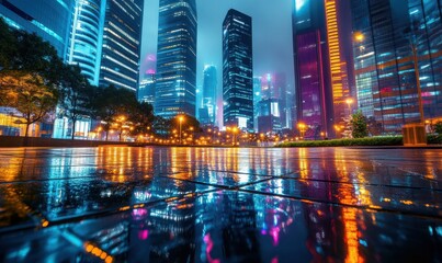 Obraz premium Dramatic night view of a modern city with tall illuminated skyscrapers, vibrant reflections on wet streets, soft ambient neon lights creating a futuristic atmosphere,