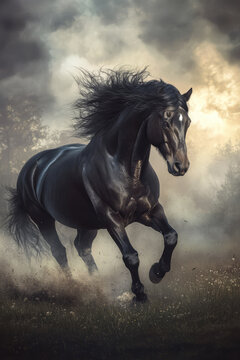 A powerful black stallion galloping through a misty field at dawn, its mane and tail flowing wildly in the wind. The dynamic energy of the movement, combined with the dramatic lighting, enhances the