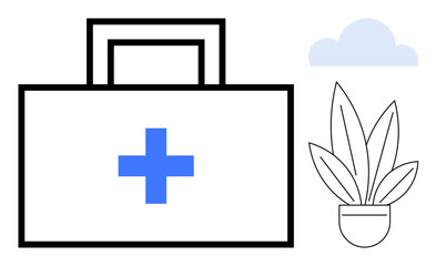 Obraz premium Medical kit with blue cross, potted plant with green leaves, and cloud icon. Ideal for health services, wellness, medical care, emergency aid, sustainability natural remedies lifestyle. Abstract