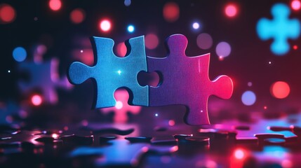 Colorful puzzle pieces connecting in a vibrant, abstract background with glowing bokeh effects